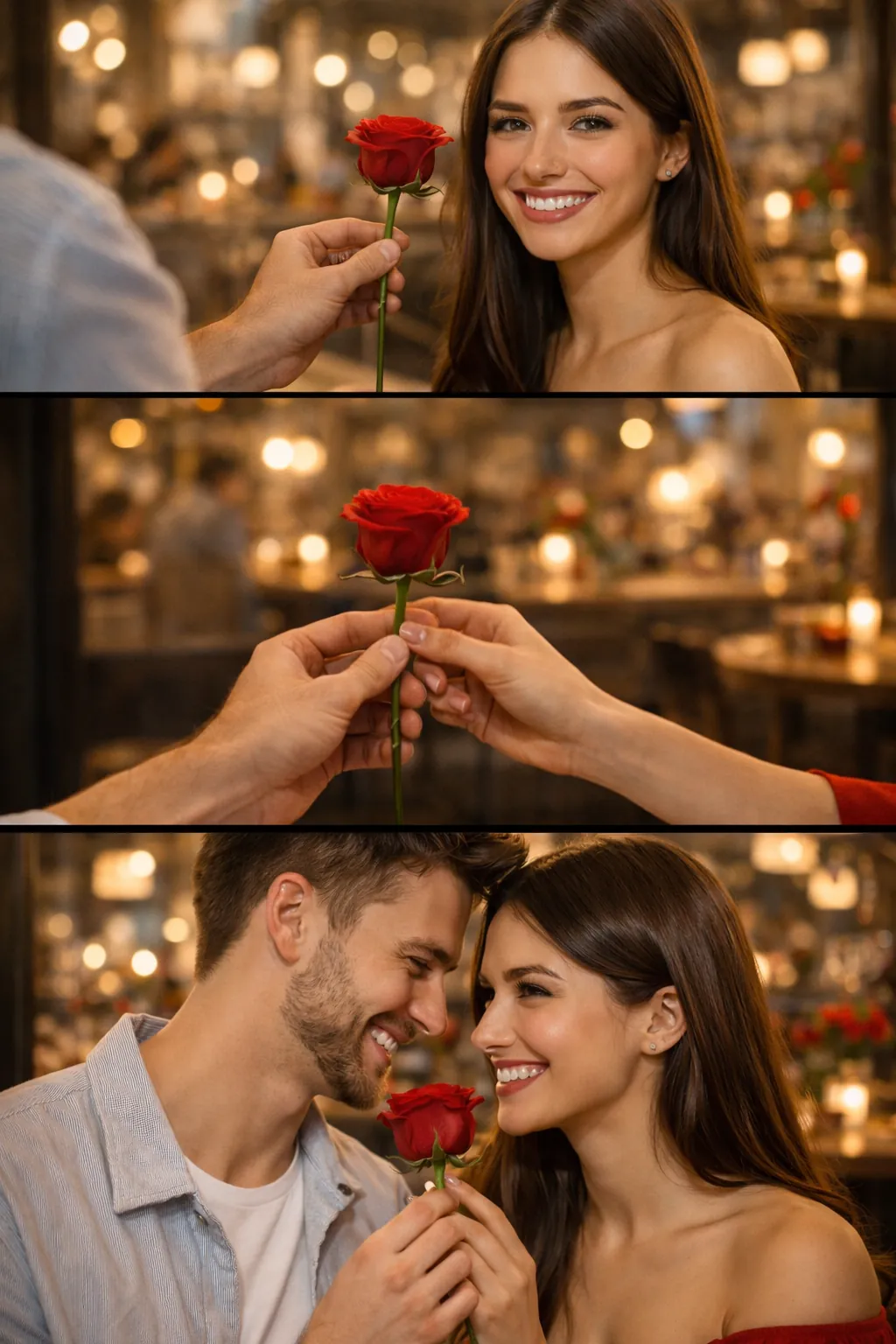 Cinematic Rose Day couple composite portrait with rose exchange in indoor café